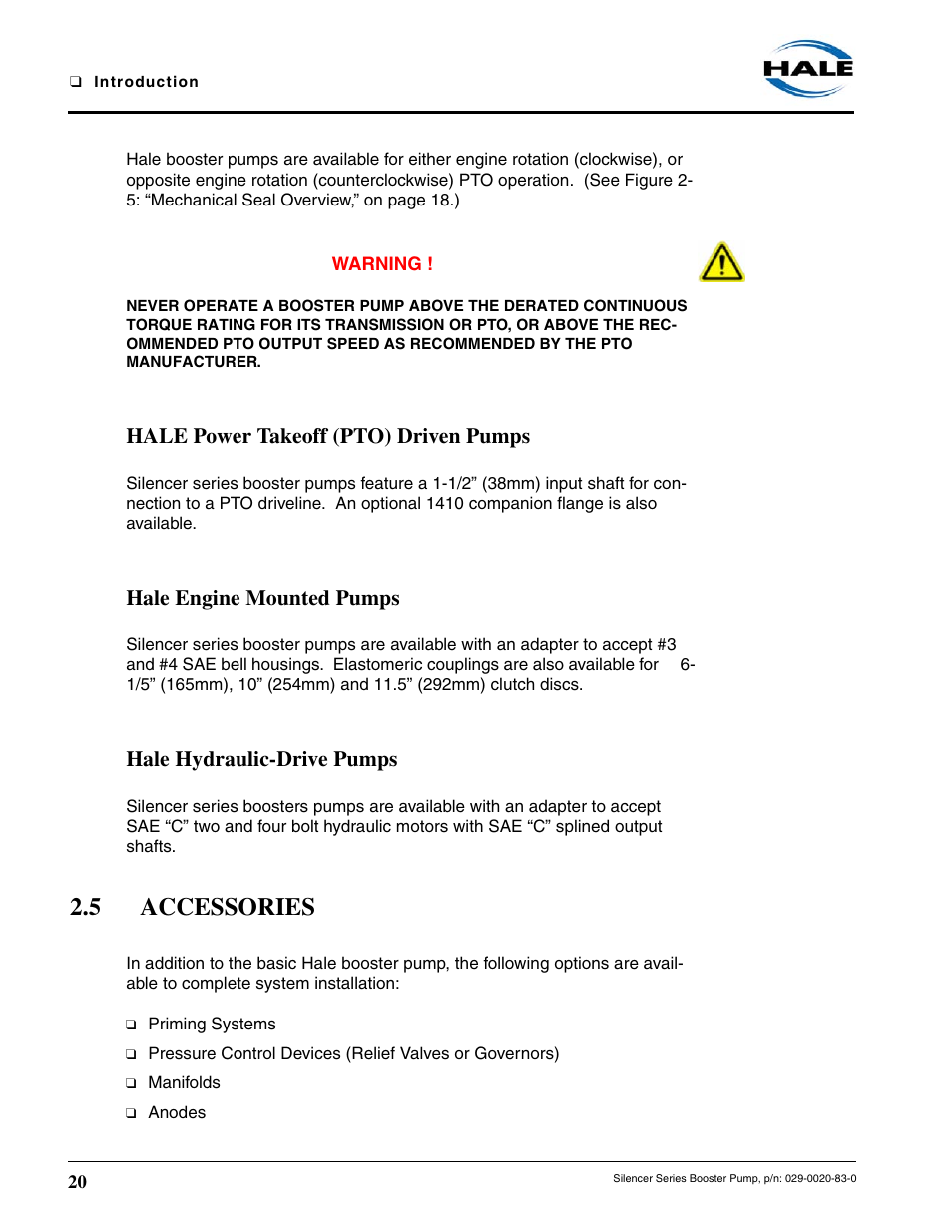 Hale power takeoff (pto) driven pumps, Hale engine mounted pumps, Hale hydraulic-drive pumps | 5 accessories | Hale MBP Booster User Manual | Page 21 / 116