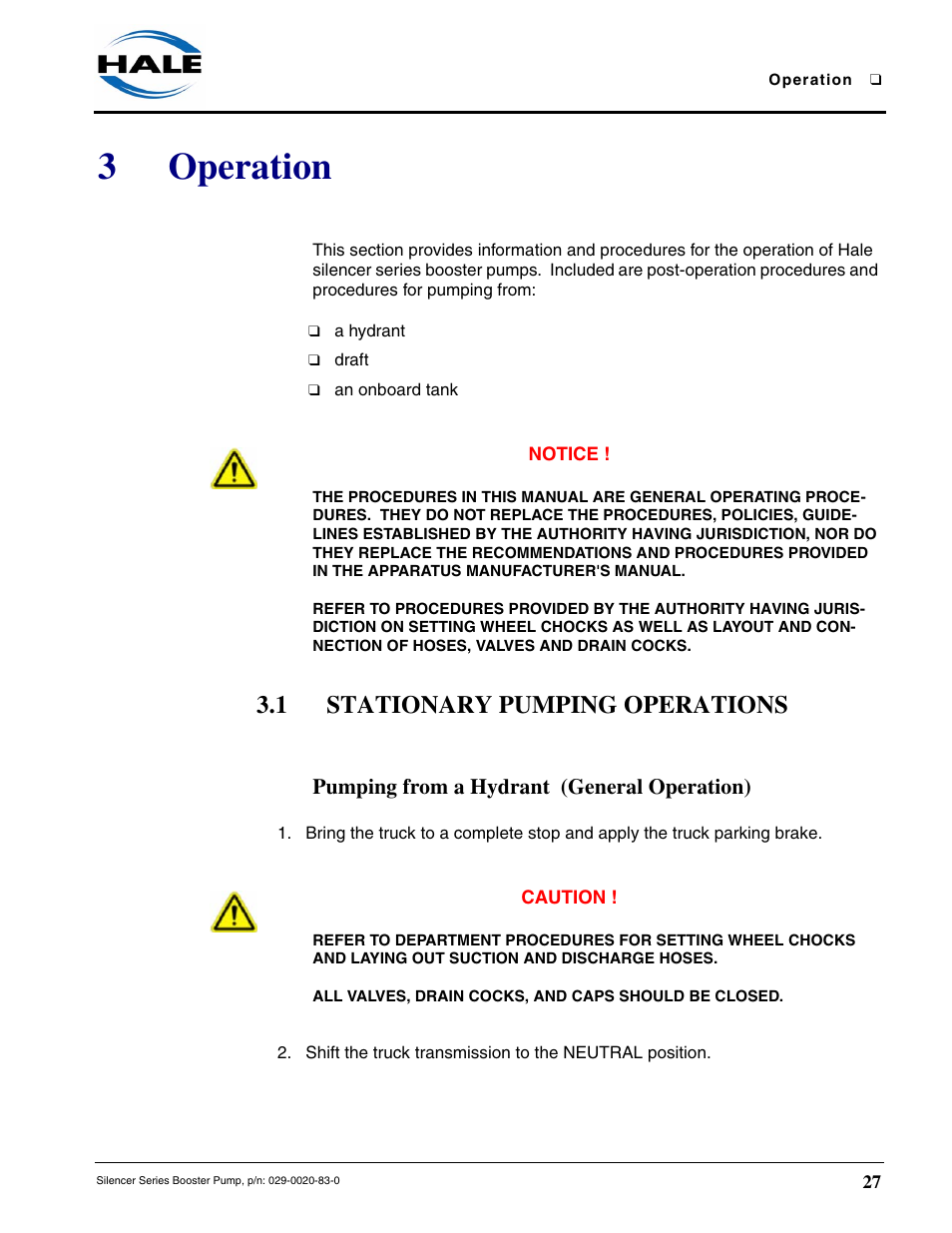 3 operation, 1 stationary pumping operations, Pumping from a hydrant (general operation) | Operation, 3operation | Hale MBP Booster User Manual | Page 28 / 116