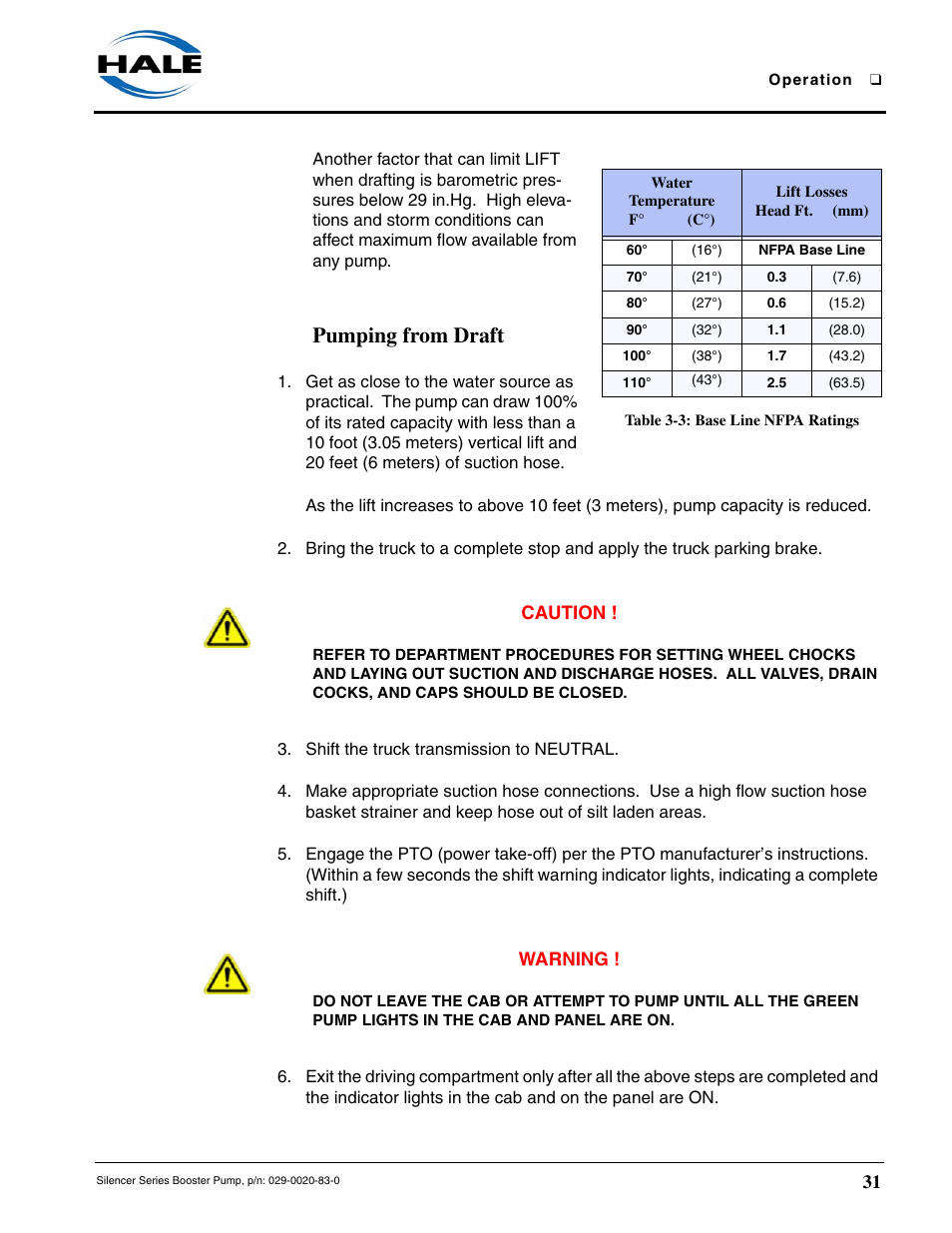 Table 3-3: base line nfpa ratings, Pumping from draft | Hale MBP Booster User Manual | Page 32 / 116