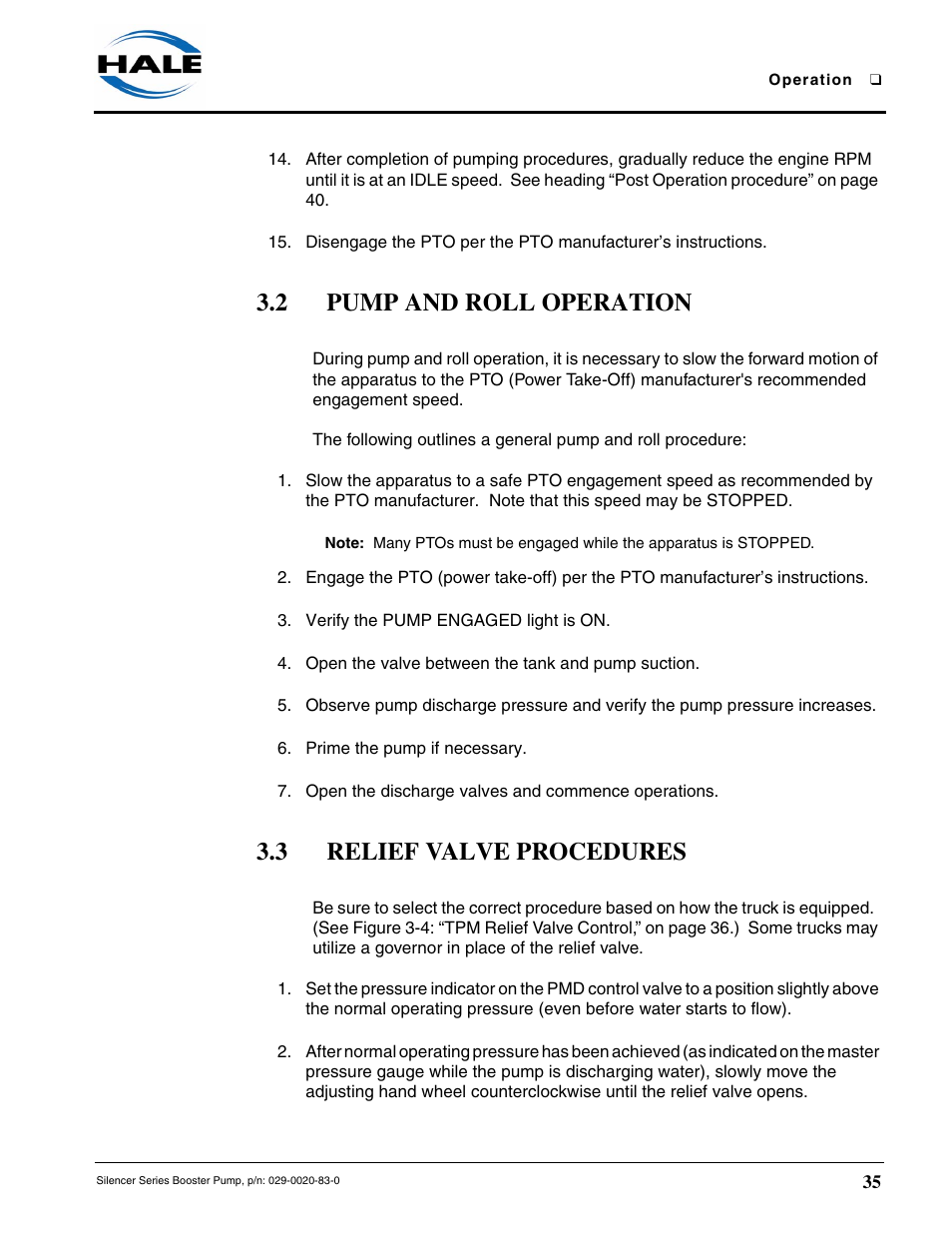 2 pump and roll operation, 3 relief valve procedures | Hale MBP Booster User Manual | Page 36 / 116