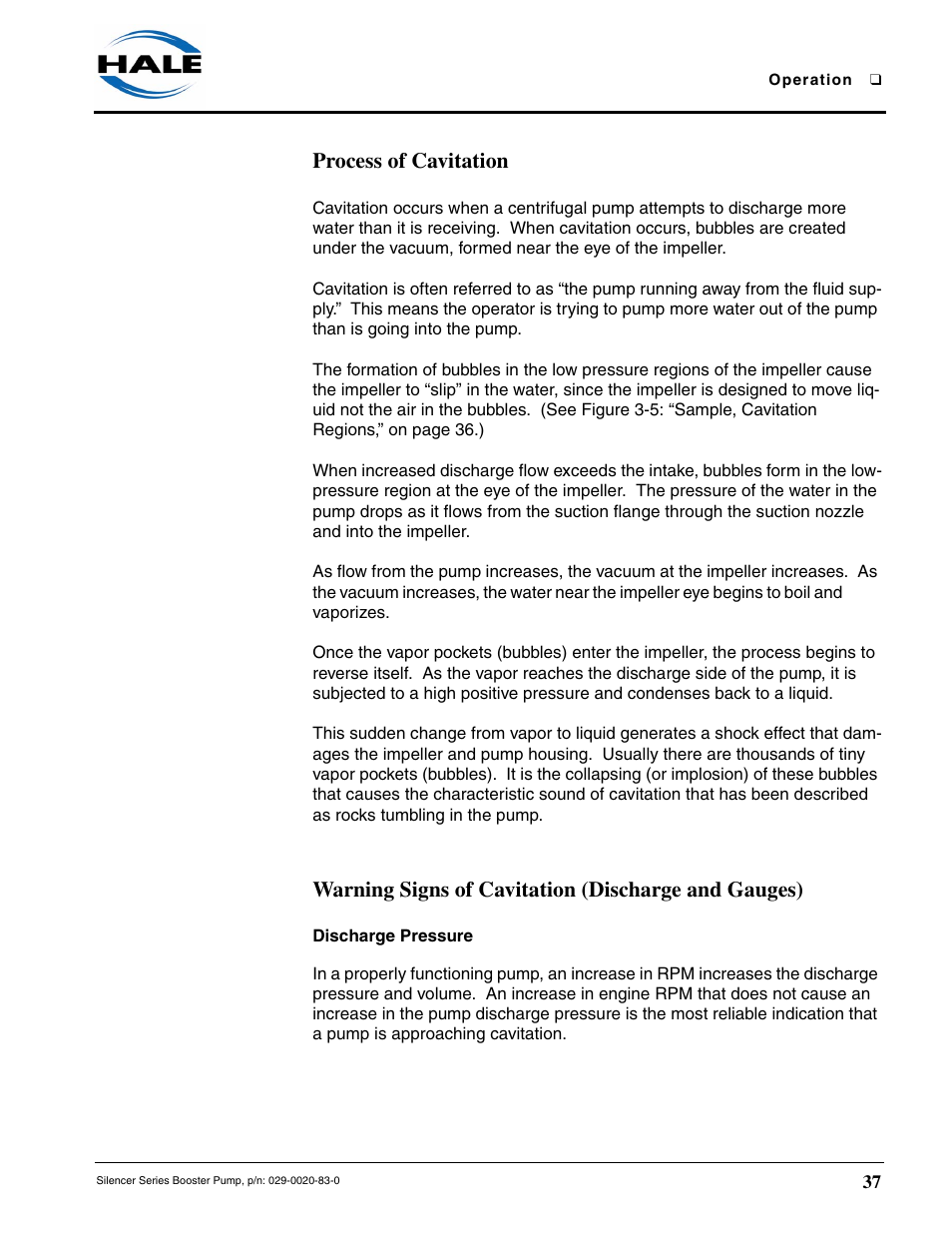 Process of cavitation, Warning signs of cavitation (discharge and gauges), Discharge pressure | Hale MBP Booster User Manual | Page 38 / 116