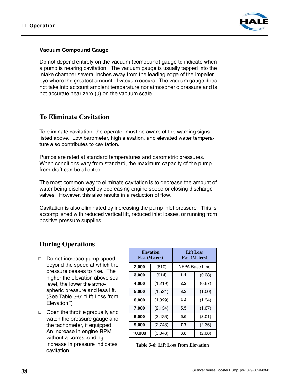 Vacuum compound gauge, To eliminate cavitation, During operations | Table 3-6: lift loss from elevation, 4 cavitation - continued | Hale MBP Booster User Manual | Page 39 / 116