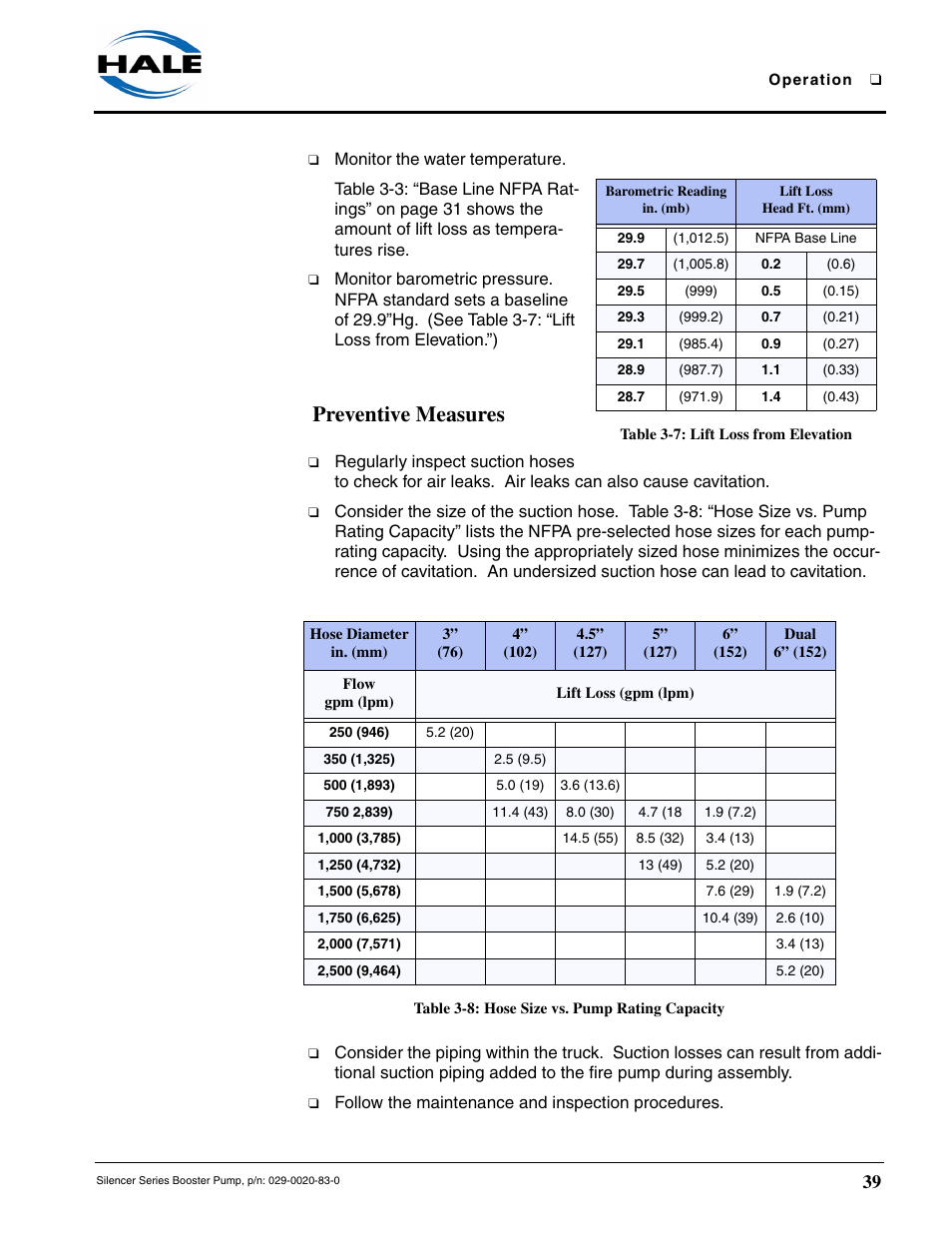 Table 3-7: lift loss from elevation, Preventive measures, Table 3-8: hose size vs. pump rating capacity | Hale MBP Booster User Manual | Page 40 / 116