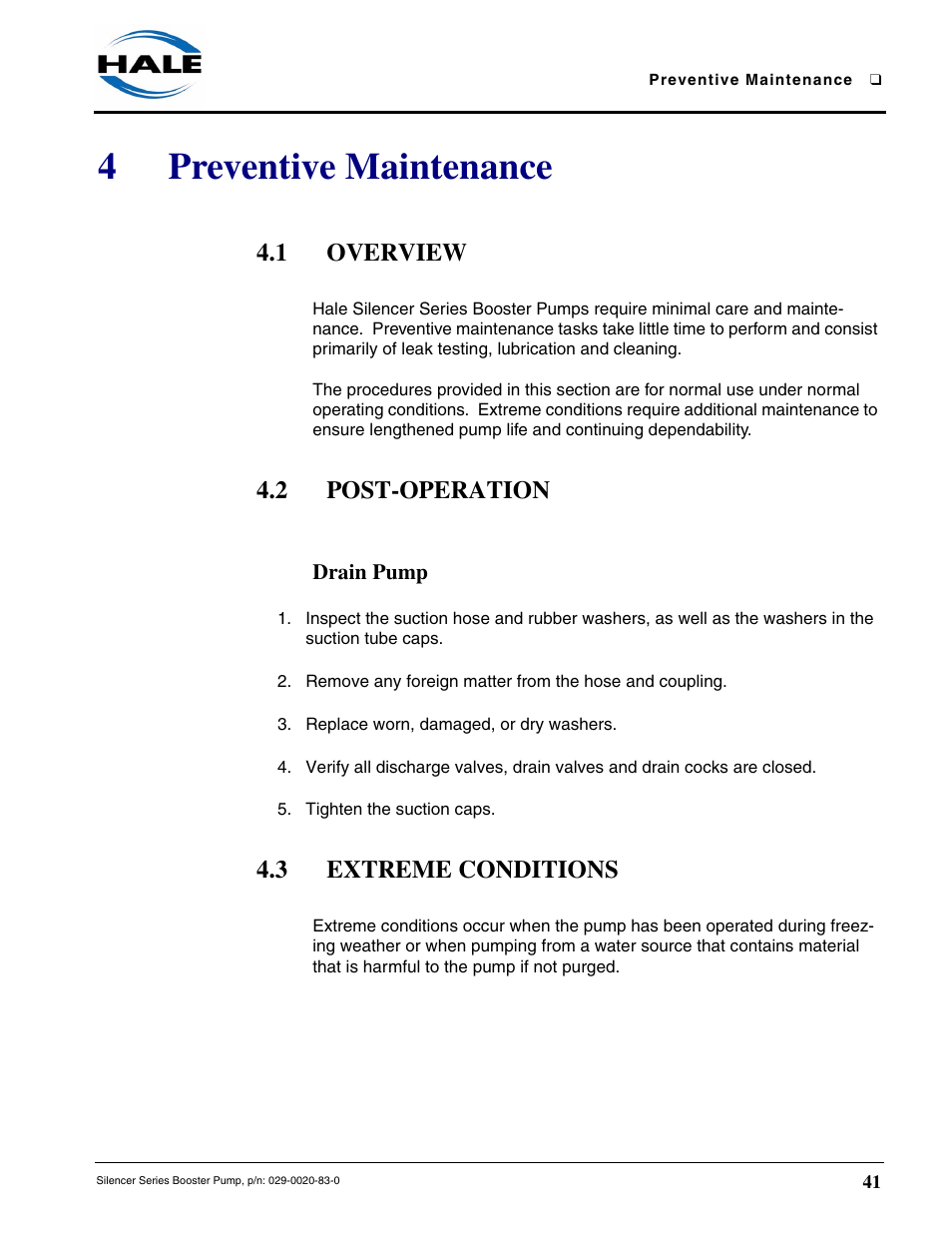 4 preventive maintenance, 1 overview, 2 post-operation | Drain pump, 3 extreme conditions, Preventive maintenance, 4preventive maintenance | Hale MBP Booster User Manual | Page 42 / 116