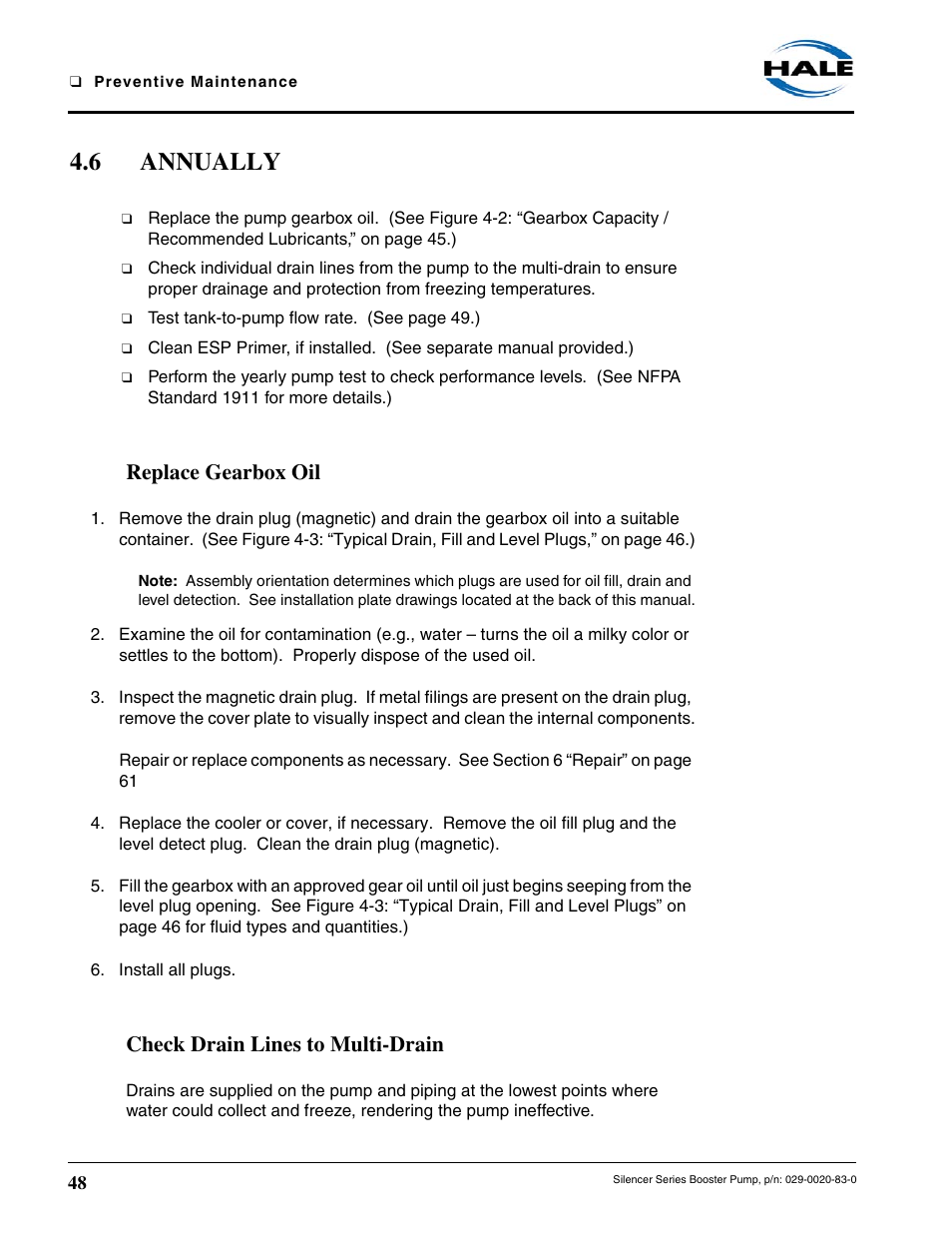 6 annually, Replace gearbox oil, Check drain lines to multi-drain | Hale MBP Booster User Manual | Page 49 / 116