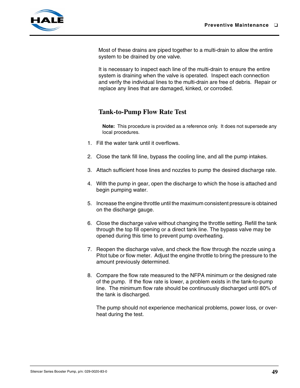 Tank-to-pump flow rate test | Hale MBP Booster User Manual | Page 50 / 116