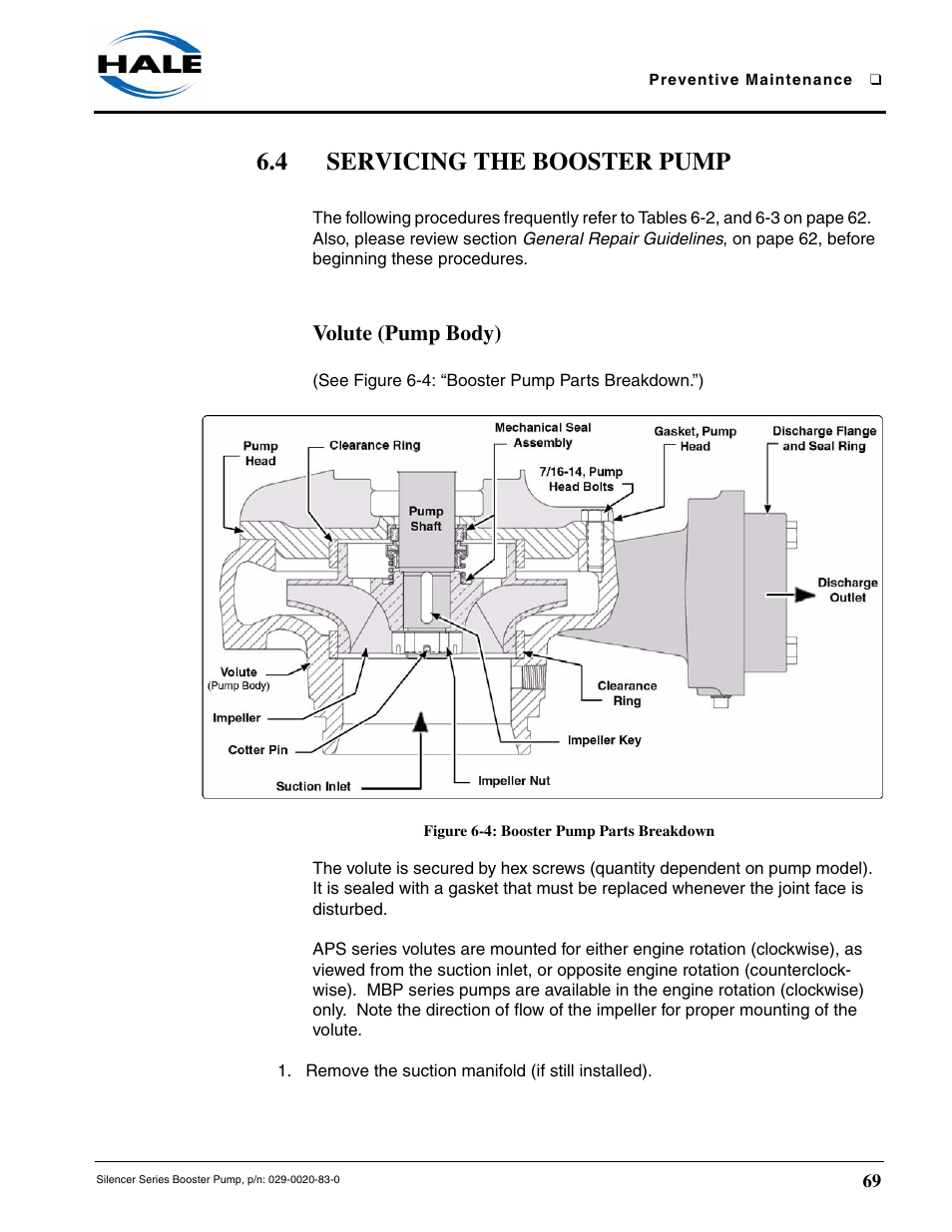 4 servicing the booster pump, Volute (pump body), Figure 6-4: booster pump parts breakdown | See section 6 repair, heading | Hale MBP Booster User Manual | Page 70 / 116