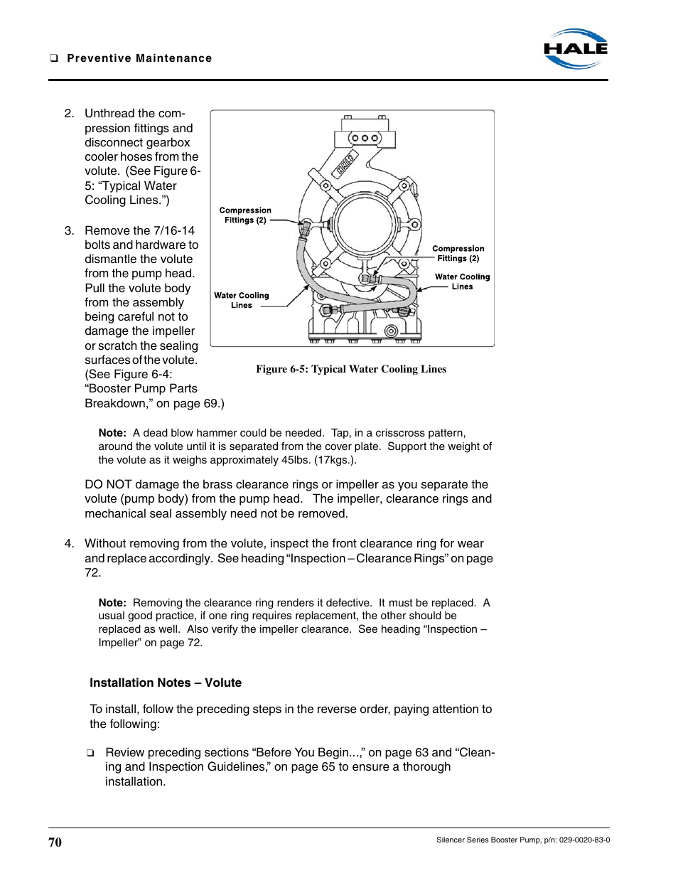 Figure 6-5: typical water cooling lines, Installation notes - volute, Installation notes – volute | Hale MBP Booster User Manual | Page 71 / 116