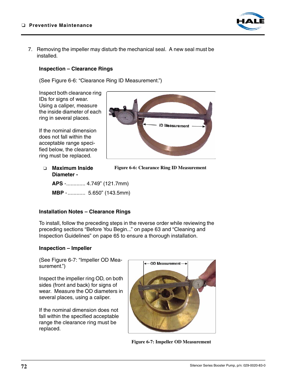 Inspection - clearance rings, Figure 6-6: clearance ring id measurement, Installation notes - clearance rings | Inspection - impeller, Figure 6-7: impeller od measurement, Inspection – clearance rings, Installation notes – clearance rings, Inspection – impeller | Hale MBP Booster User Manual | Page 73 / 116