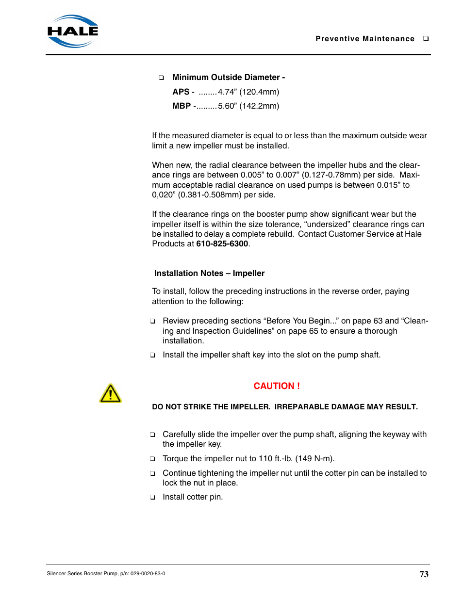 Installation notes - impeller, Installation notes – impeller | Hale MBP Booster User Manual | Page 74 / 116