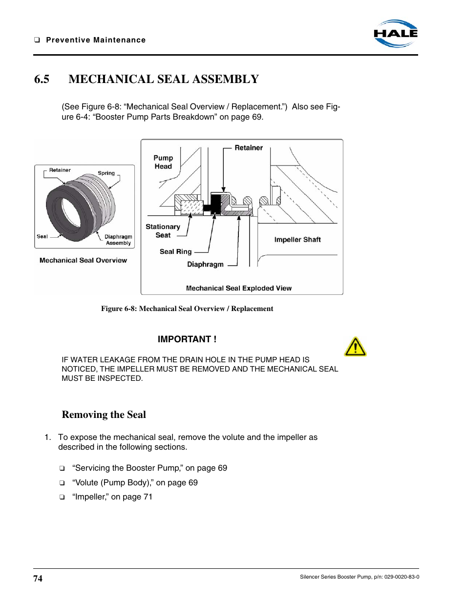 5 mechanical seal assembly, Figure 6-8: mechanical seal overview / replacement, Removing the seal | Hale MBP Booster User Manual | Page 75 / 116