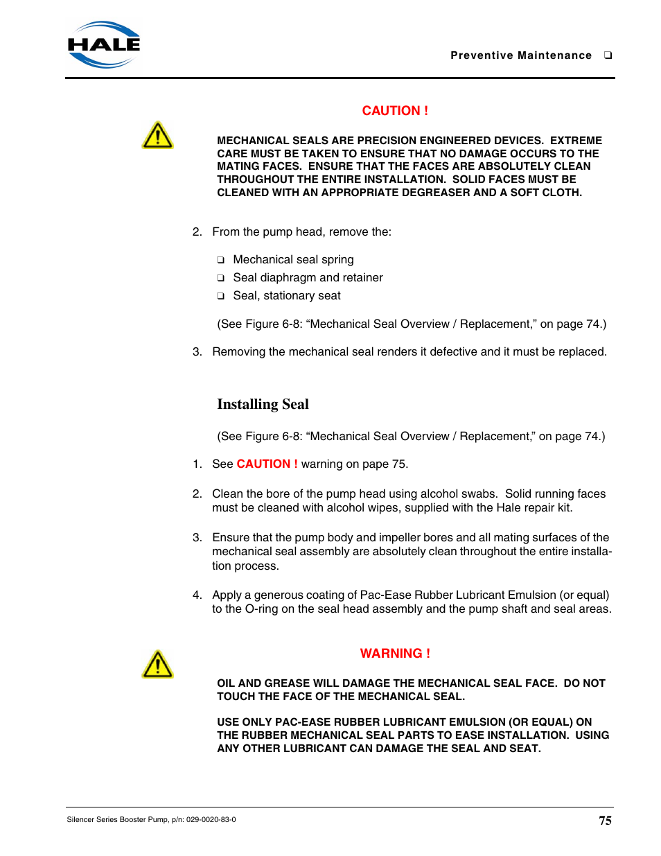 Installing seal | Hale MBP Booster User Manual | Page 76 / 116