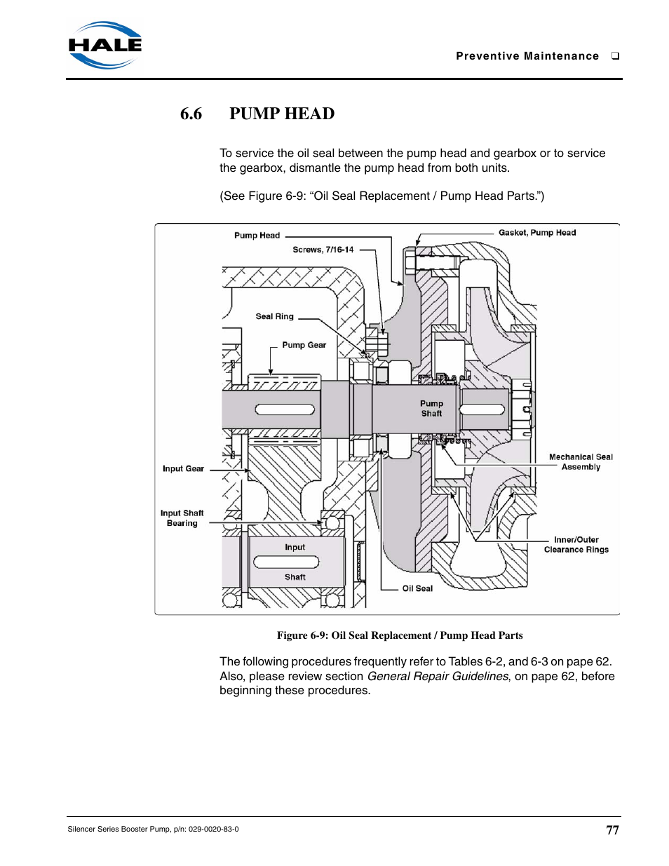 6 pump head, Figure 6-9: oil seal replacement / pump head parts | Hale MBP Booster User Manual | Page 78 / 116