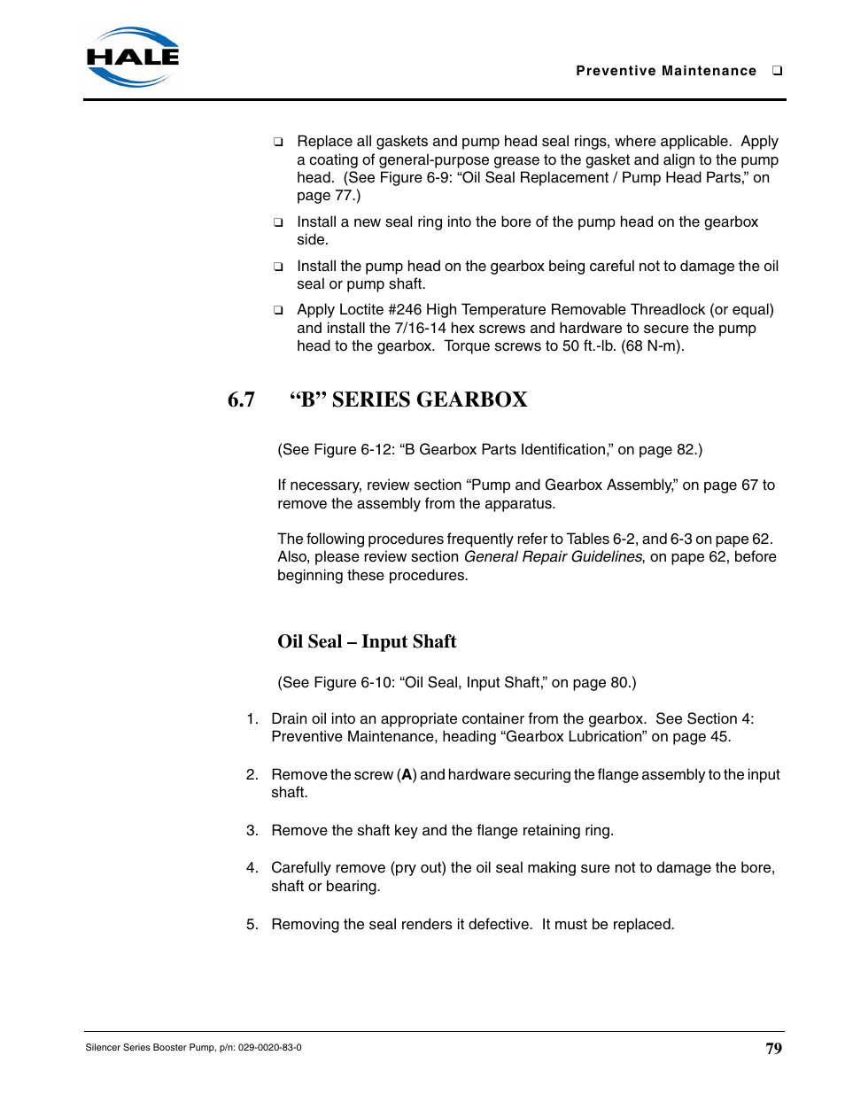 7 “b” series gearbox, Oil seal - input shaft, Oil seal – input shaft | Hale MBP Booster User Manual | Page 80 / 116