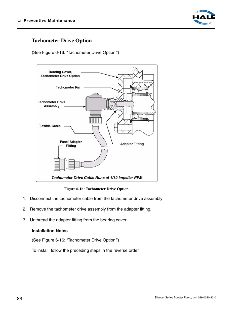 Tachometer drive option, Figure 6-16: tachometer drive option, Installation notes | Hale MBP Booster User Manual | Page 89 / 116