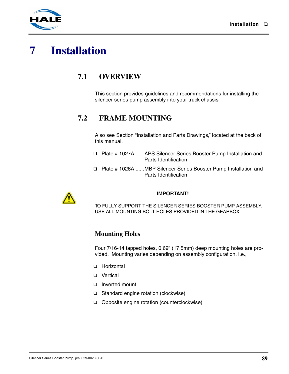 7 installation, 1 overview, 2 frame mounting | Mounting holes, Installation, 7installation | Hale MBP Booster User Manual | Page 90 / 116