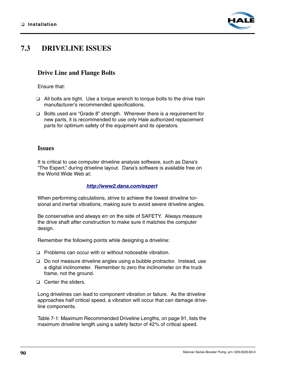 3 driveline issues, Drive line and flange bolts, Issues | Hale MBP Booster User Manual | Page 91 / 116