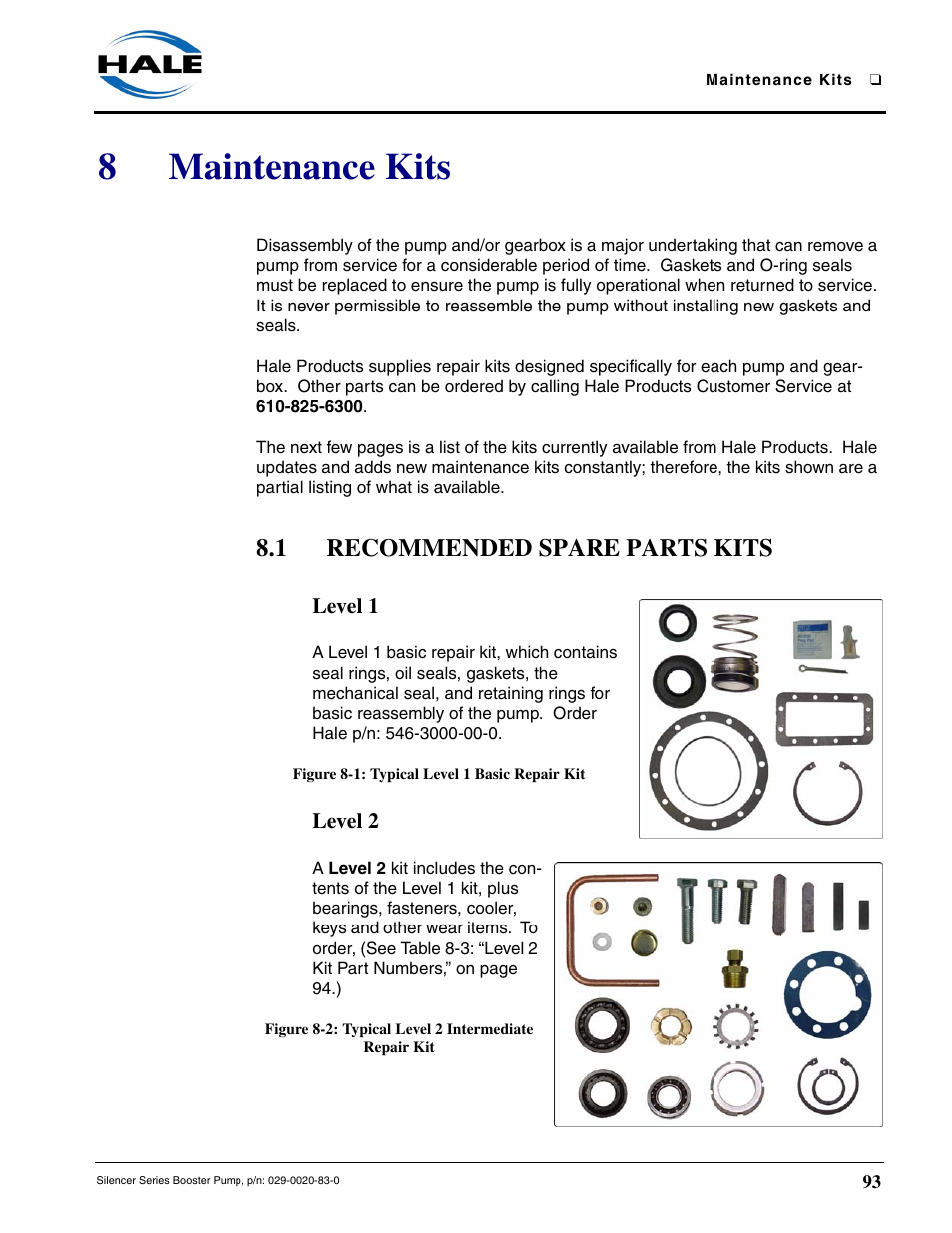 8 maintenance kits, 1 recommended spare parts kits, Level 1 | Figure 8-1: typical level 1 basic repair kit, Level 2, Maintenance kits, 8maintenance kits | Hale MBP Booster User Manual | Page 94 / 116