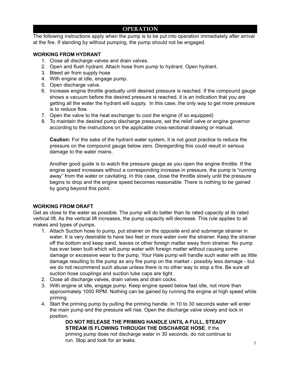 Operation, Working from hydrant, Working from draft | Hale Rear Mount User Manual | Page 3 / 34