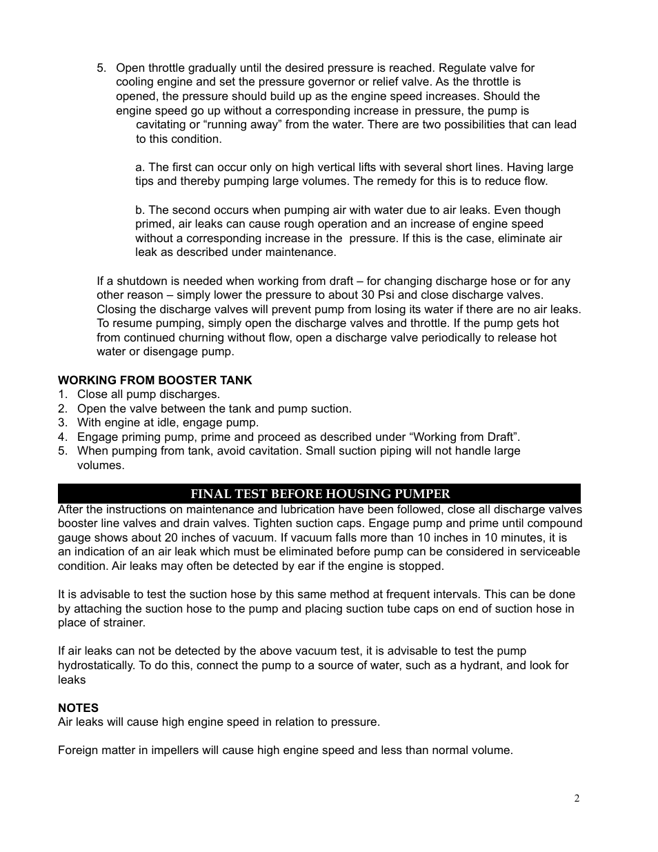 Working from booster tank, Final test before housing pumper | Hale Rear Mount User Manual | Page 4 / 34