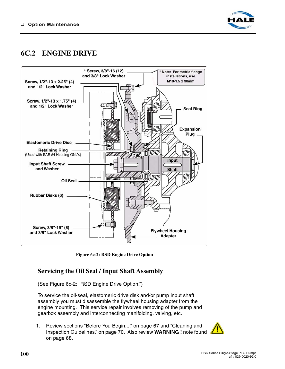 6c.2 engine drive, Figure 6c-2: rsd engine drive option, Servicing the oil seal / input shaft assembly | Hale RSD User Manual | Page 100 / 150