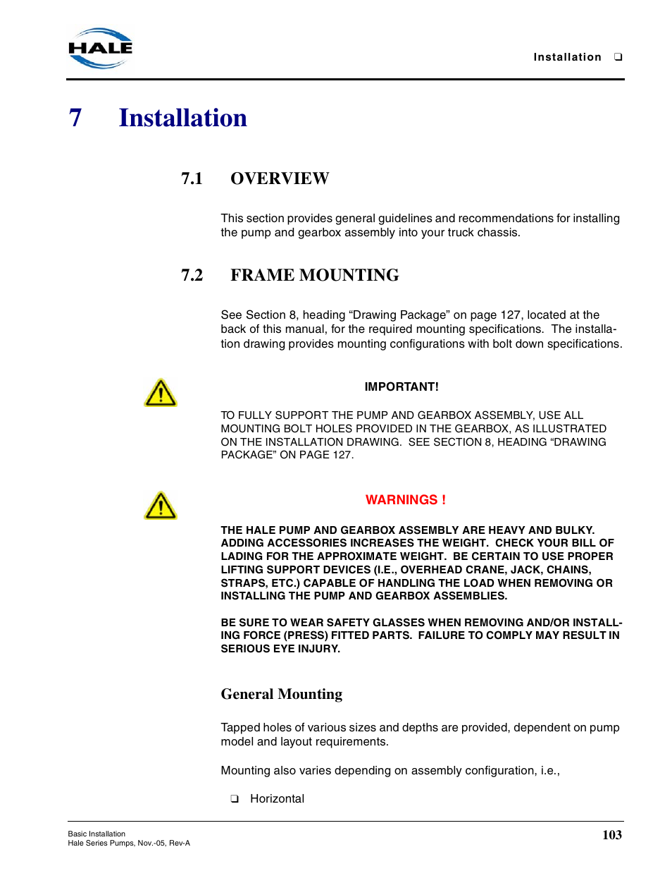 7 installation, 1 overview, 2 frame mounting | General mounting, Installation, Overview, Frame mounting, 7installation | Hale RSD User Manual | Page 103 / 150