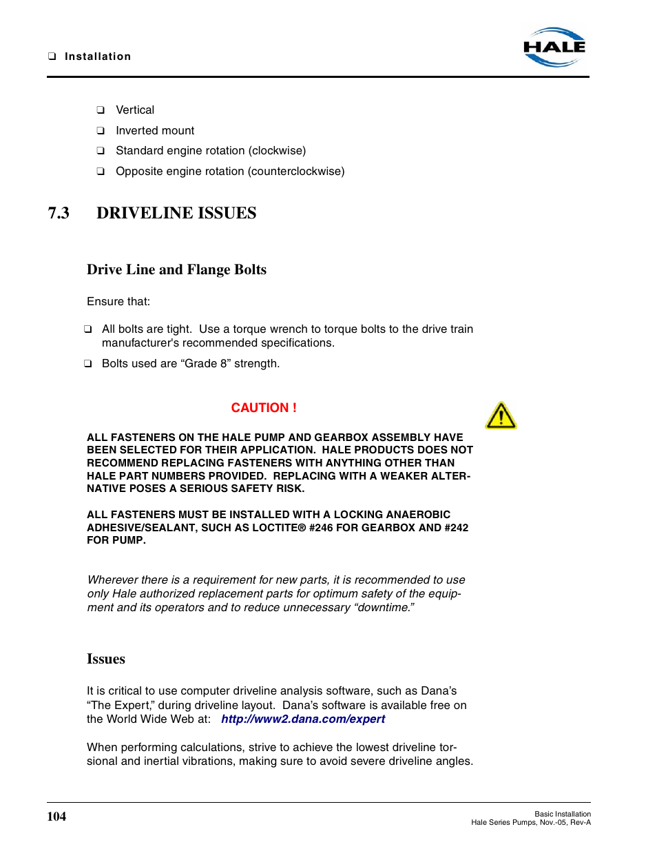 3 driveline issues, Drive line and flange bolts, Issues | Driveline issues | Hale RSD User Manual | Page 104 / 150