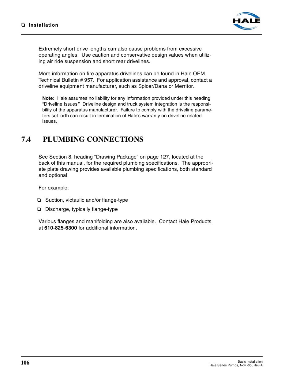 4 plumbing connections, Plumbing connections | Hale RSD User Manual | Page 106 / 150