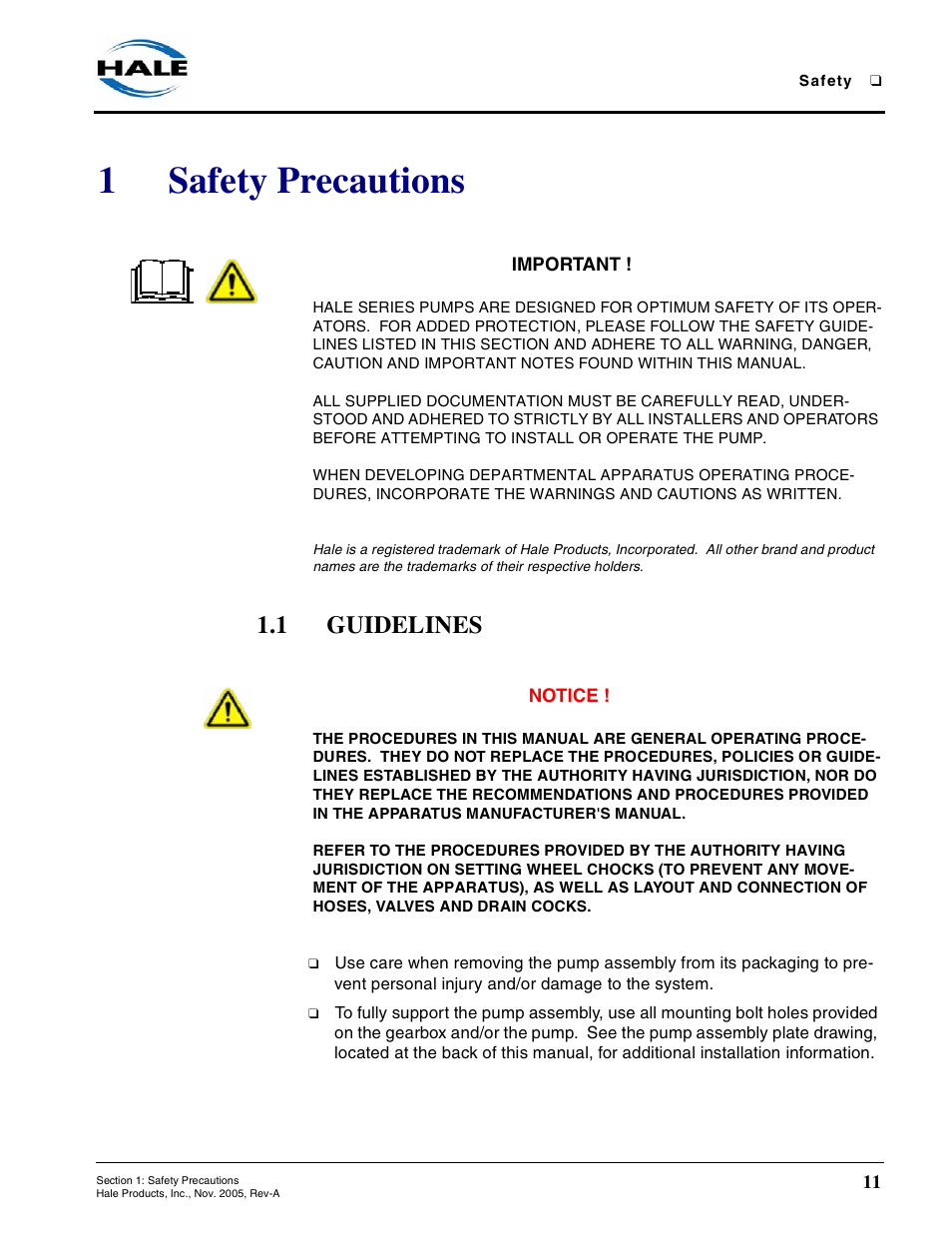 1 safety precautions, 1 guidelines, Safety precautions | Guidelines, 1safety precautions | Hale RSD User Manual | Page 11 / 150