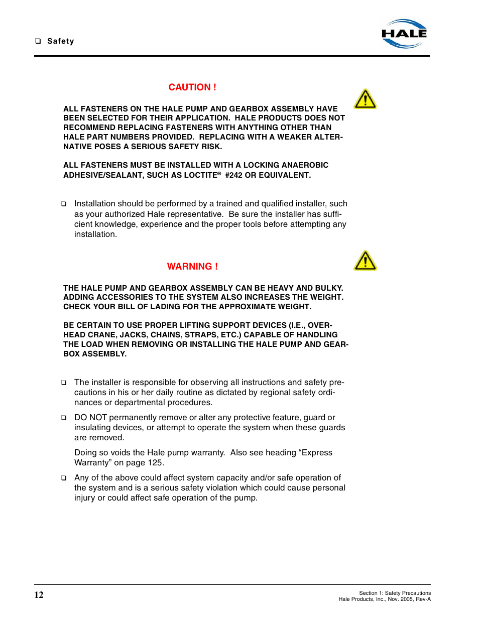 Caution, Warning | Hale RSD User Manual | Page 12 / 150