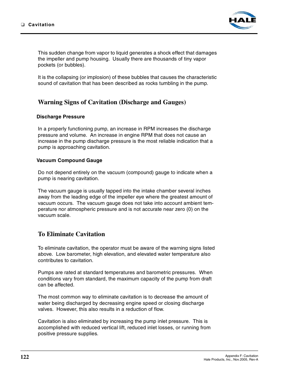 Warning signs of cavitation (discharge and gauges), Discharge pressure, Vacuum compound gauge | To eliminate cavitation | Hale RSD User Manual | Page 122 / 150