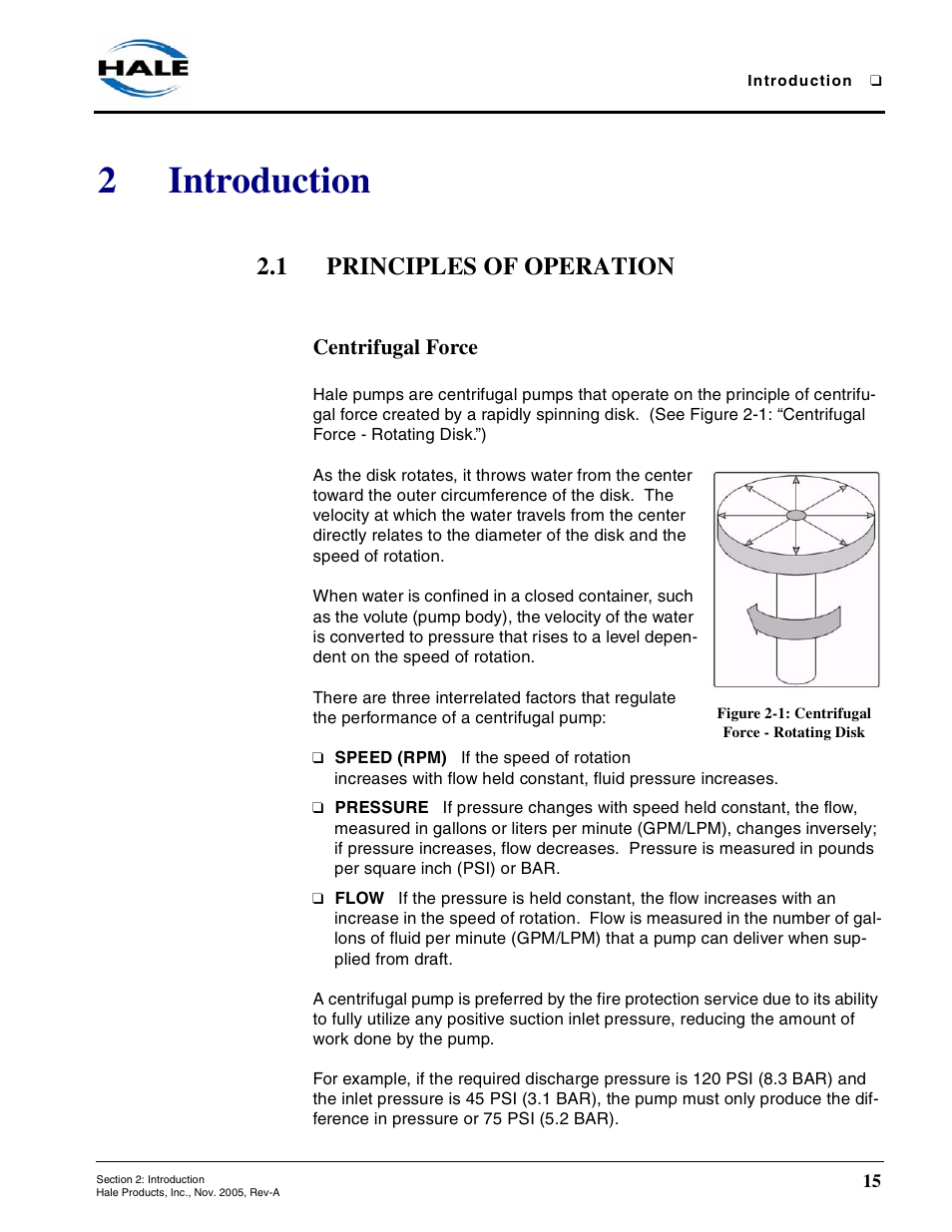 2 introduction, 1 principles of operation, Centrifugal force | Figure 2-1: centrifugal force - rotating disk, Introduction, Principles of operation, 2introduction | Hale RSD User Manual | Page 15 / 150