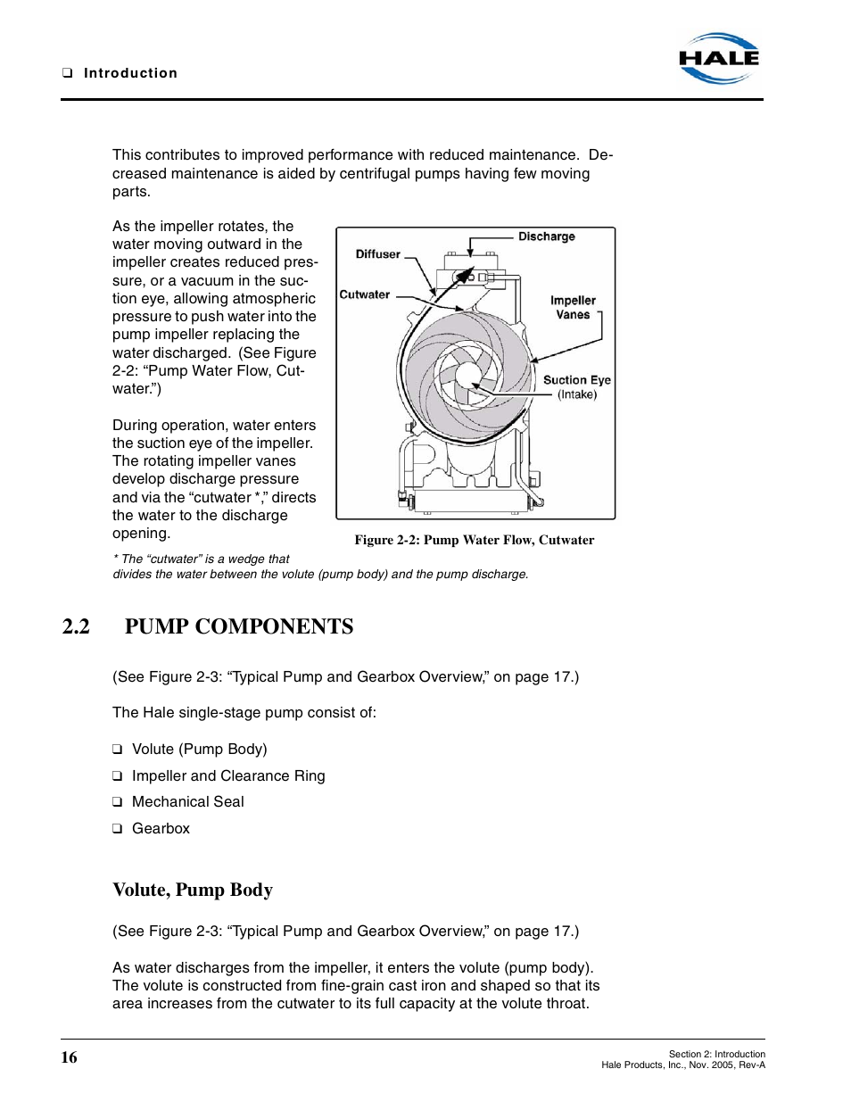 Figure 2-2: pump water flow, cutwater, 2 pump components, Volute, pump body | Pump components | Hale RSD User Manual | Page 16 / 150