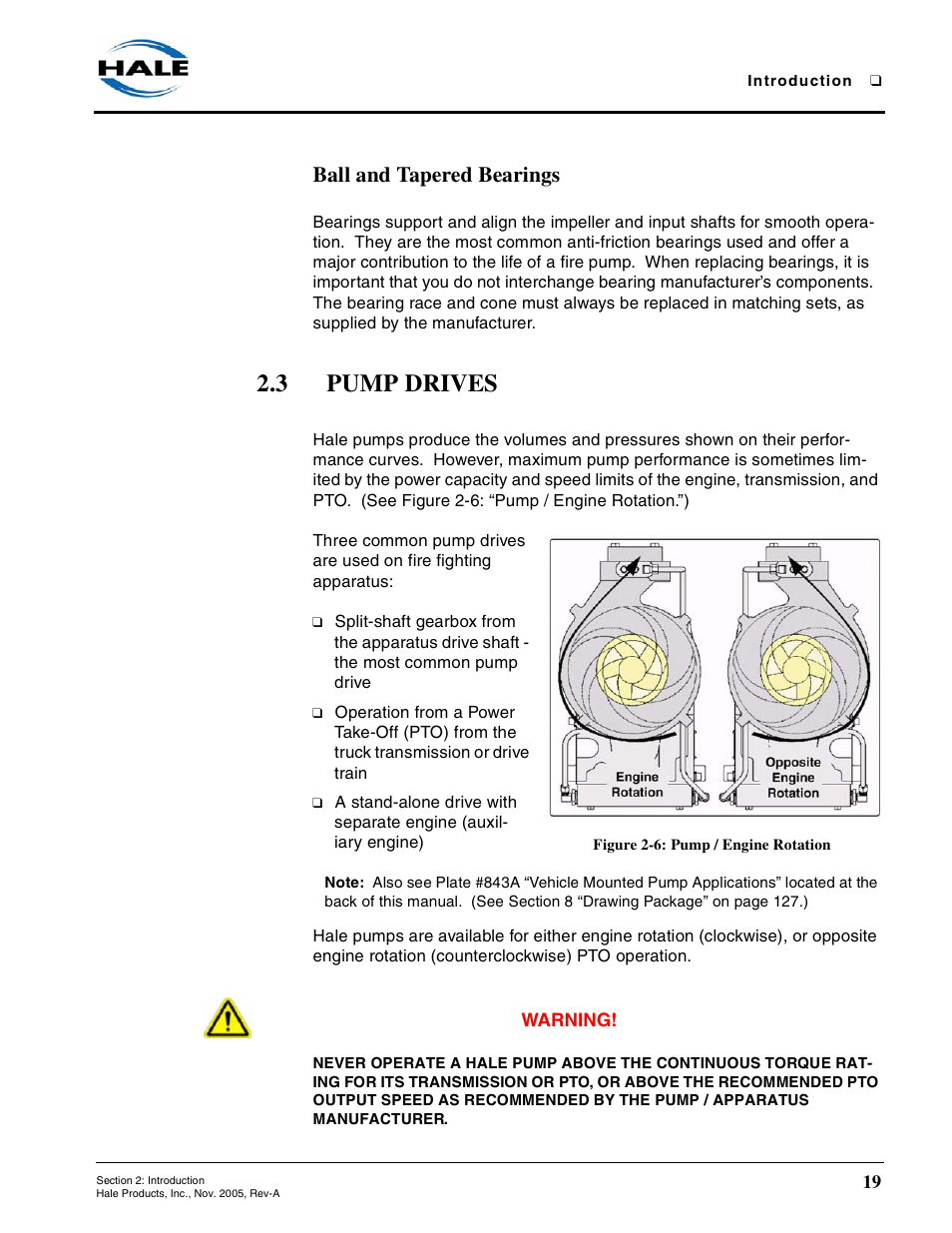 Ball and tapered bearings, 3 pump drives, Figure 2-6: pump / engine rotation | Pump drives | Hale RSD User Manual | Page 19 / 150