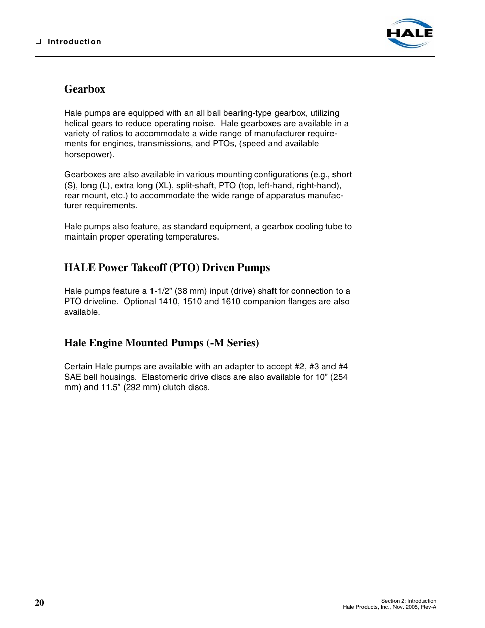 Gearbox, Hale power takeoff (pto) driven pumps, Hale engine mounted pumps (-m series) | Hale RSD User Manual | Page 20 / 150