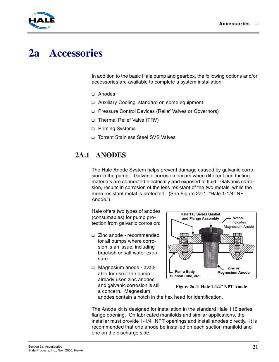 2a accessories, 2a.1 anodes, Figure 2a-1: hale 1-1/4” npt anode | Hale RSD User Manual | Page 21 / 150