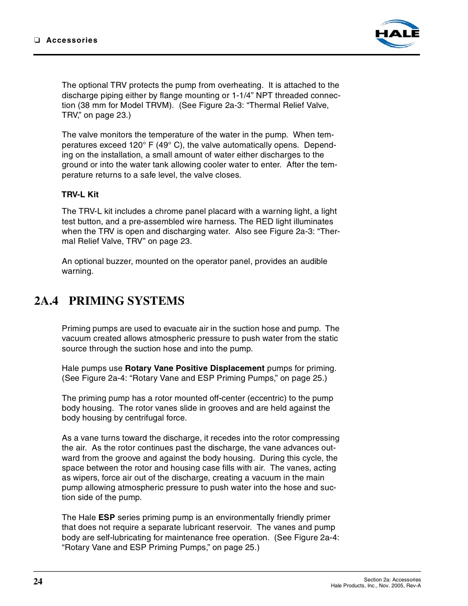 Trv-l kit, 2a.4 priming systems | Hale RSD User Manual | Page 24 / 150