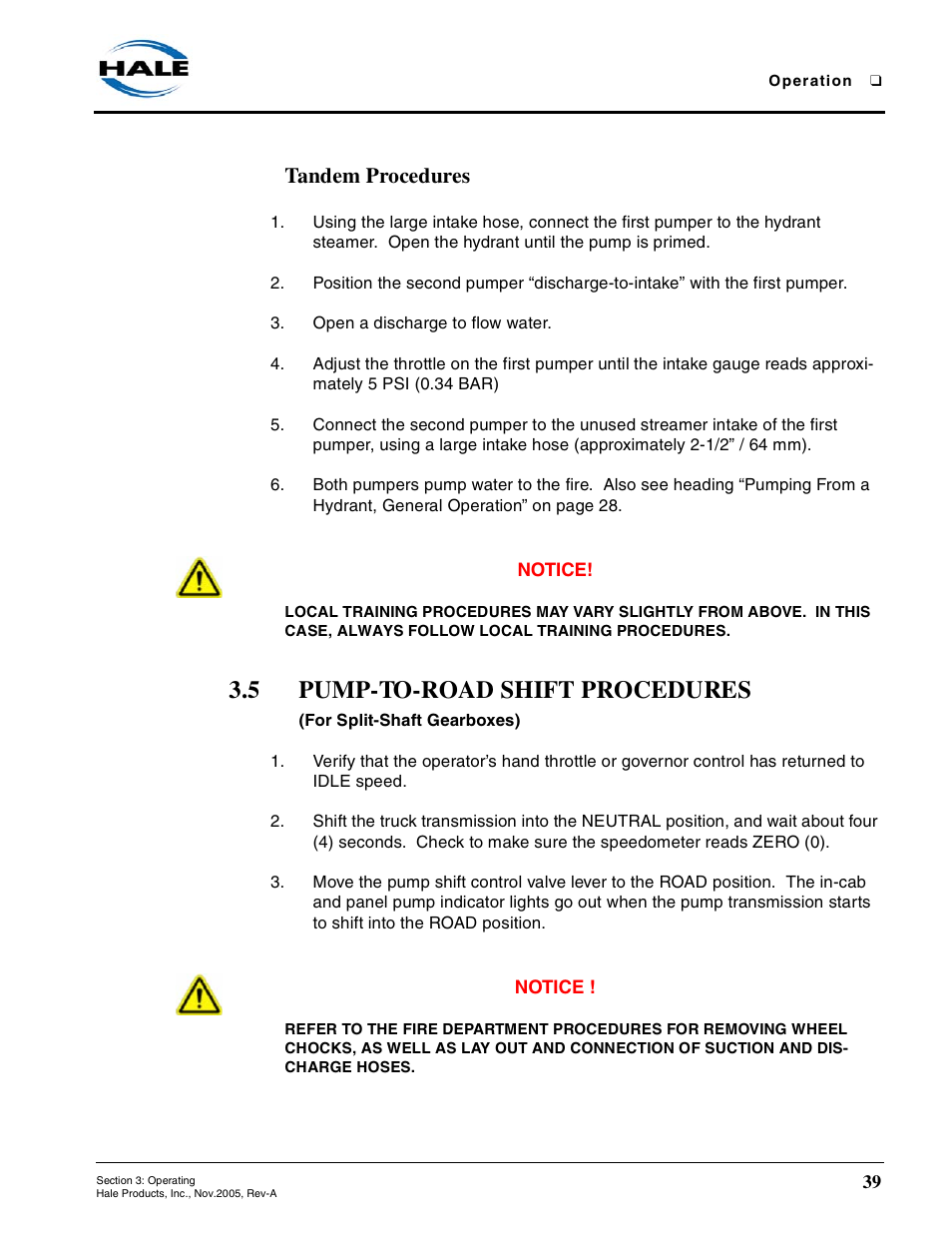 Tandem procedures, 5 pump-to-road shift procedures, Pump-to-road shift procedures | Hale RSD User Manual | Page 39 / 150