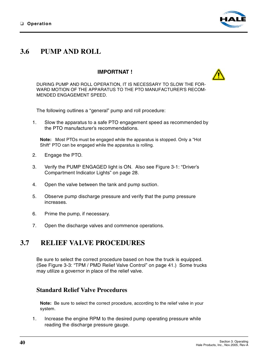 6 pump and roll, 7 relief valve procedures, Standard relief valve procedures | Pump and roll, Relief valve procedures | Hale RSD User Manual | Page 40 / 150