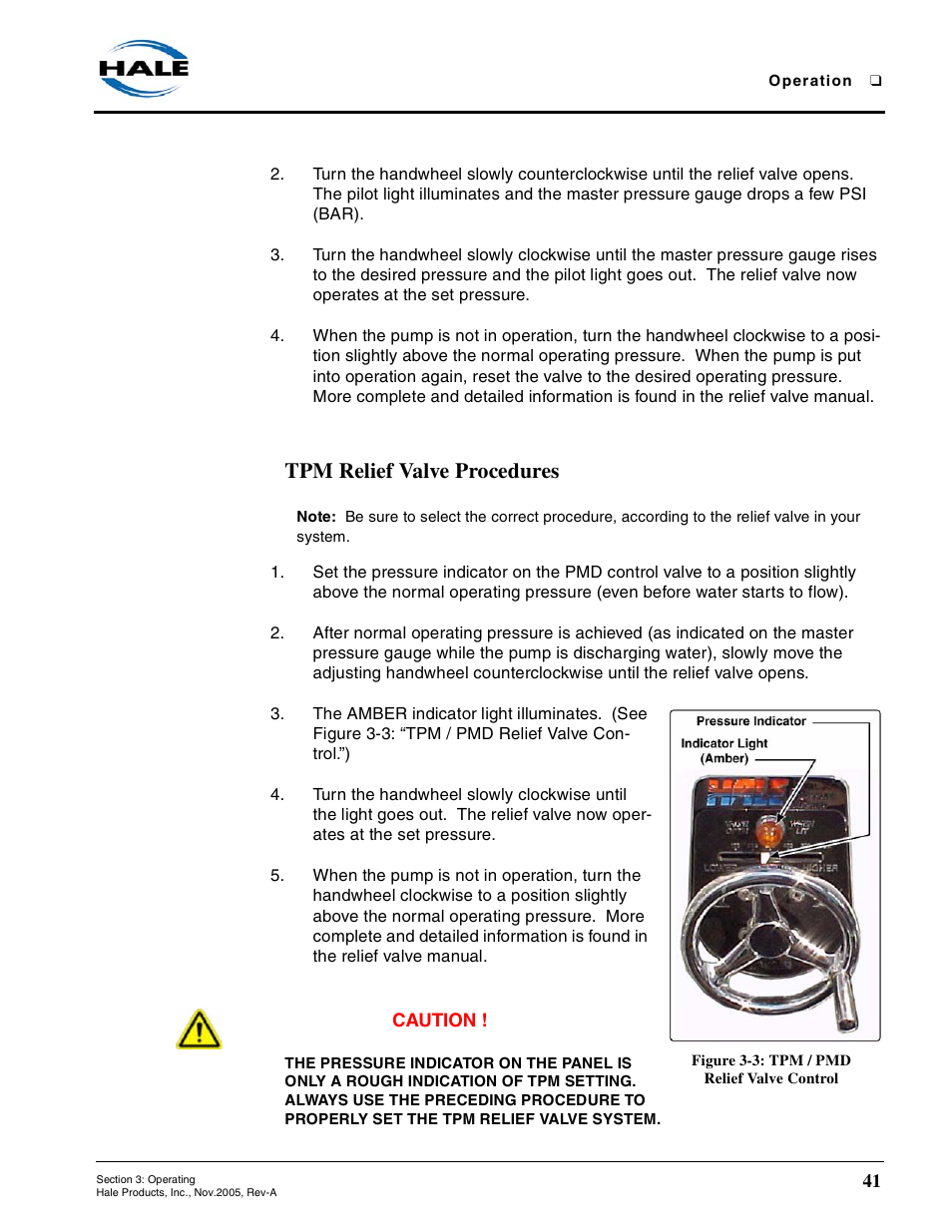 Tpm relief valve procedures, Figure 3-3: tpm / pmd relief valve control | Hale RSD User Manual | Page 41 / 150