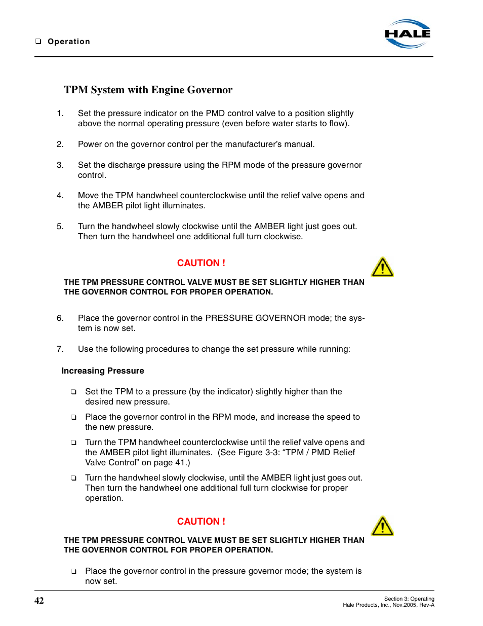 Tpm system with engine governor, Increasing pressure | Hale RSD User Manual | Page 42 / 150