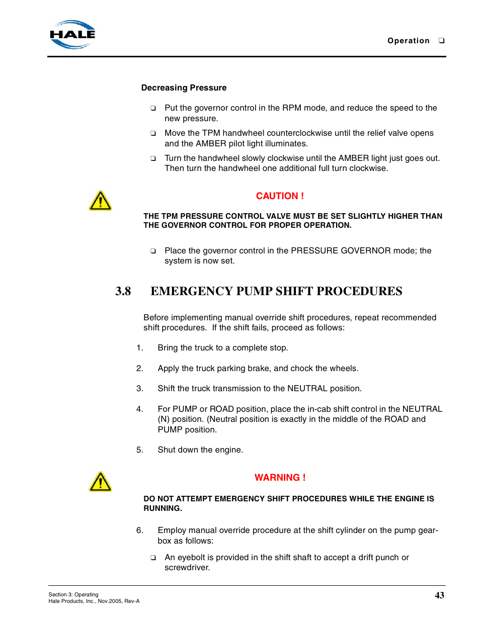 Decreasing pressure, 8 emergency pump shift procedures, Emergency pump shift procedures | Hale RSD User Manual | Page 43 / 150