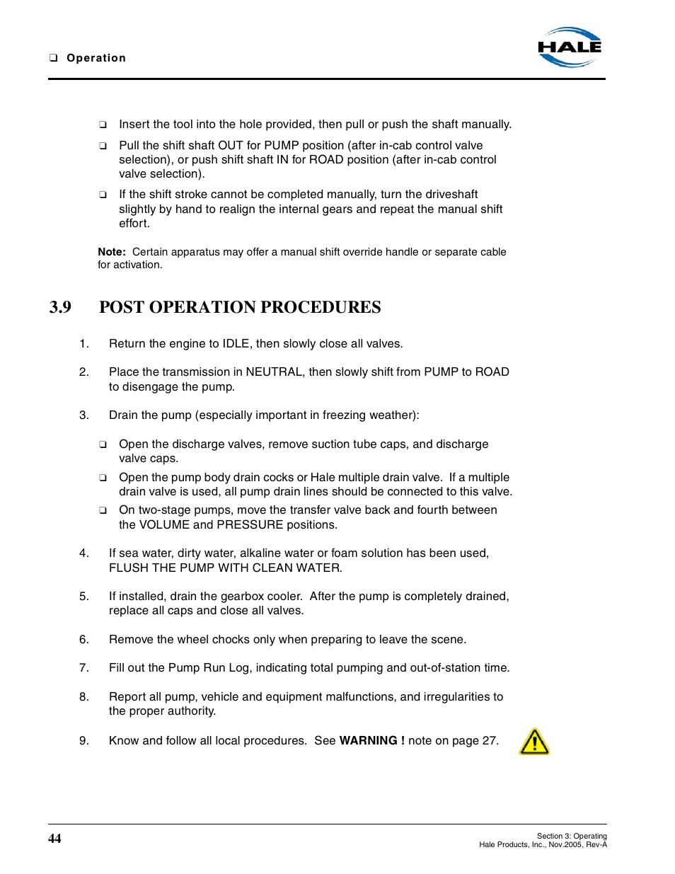 9 post operation procedures, Post operation procedures | Hale RSD User Manual | Page 44 / 150