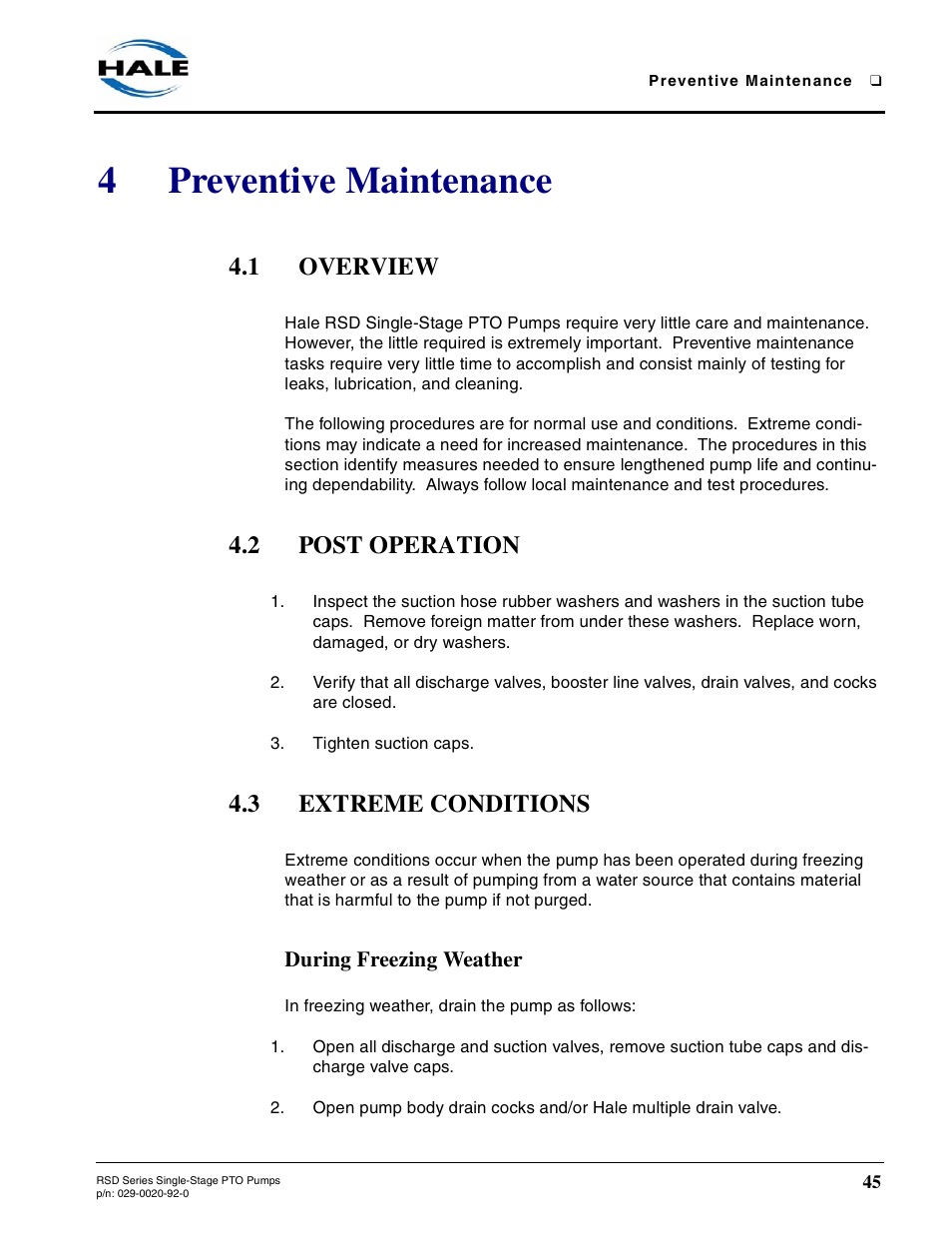 4 preventive maintenance, 1 overview, 2 post operation | 3 extreme conditions, During freezing weather, Preventive maintenance, Overview, Post operation, Extreme conditions, 4preventive maintenance | Hale RSD User Manual | Page 45 / 150