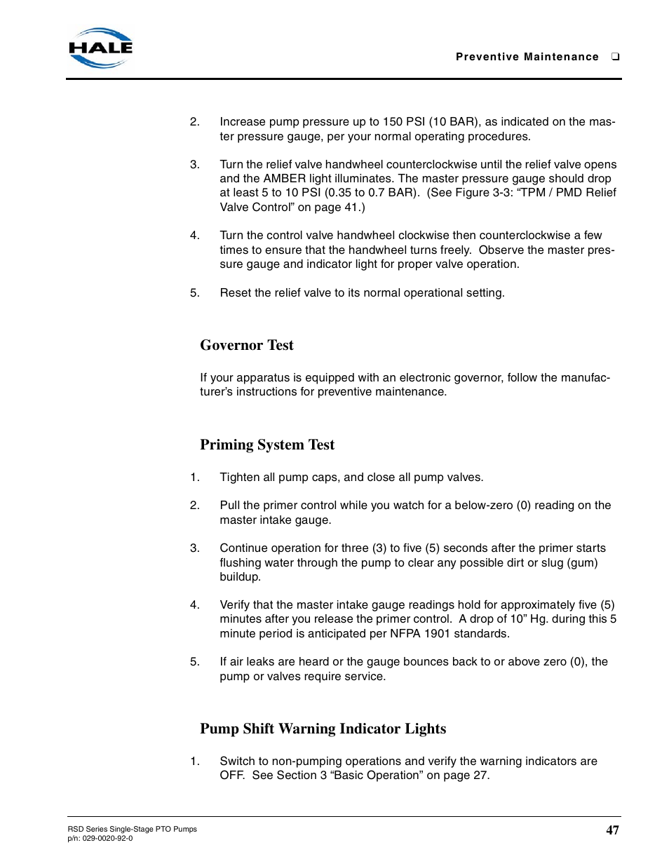 Governor test, Priming system test, Pump shift warning indicator lights | Hale RSD User Manual | Page 47 / 150