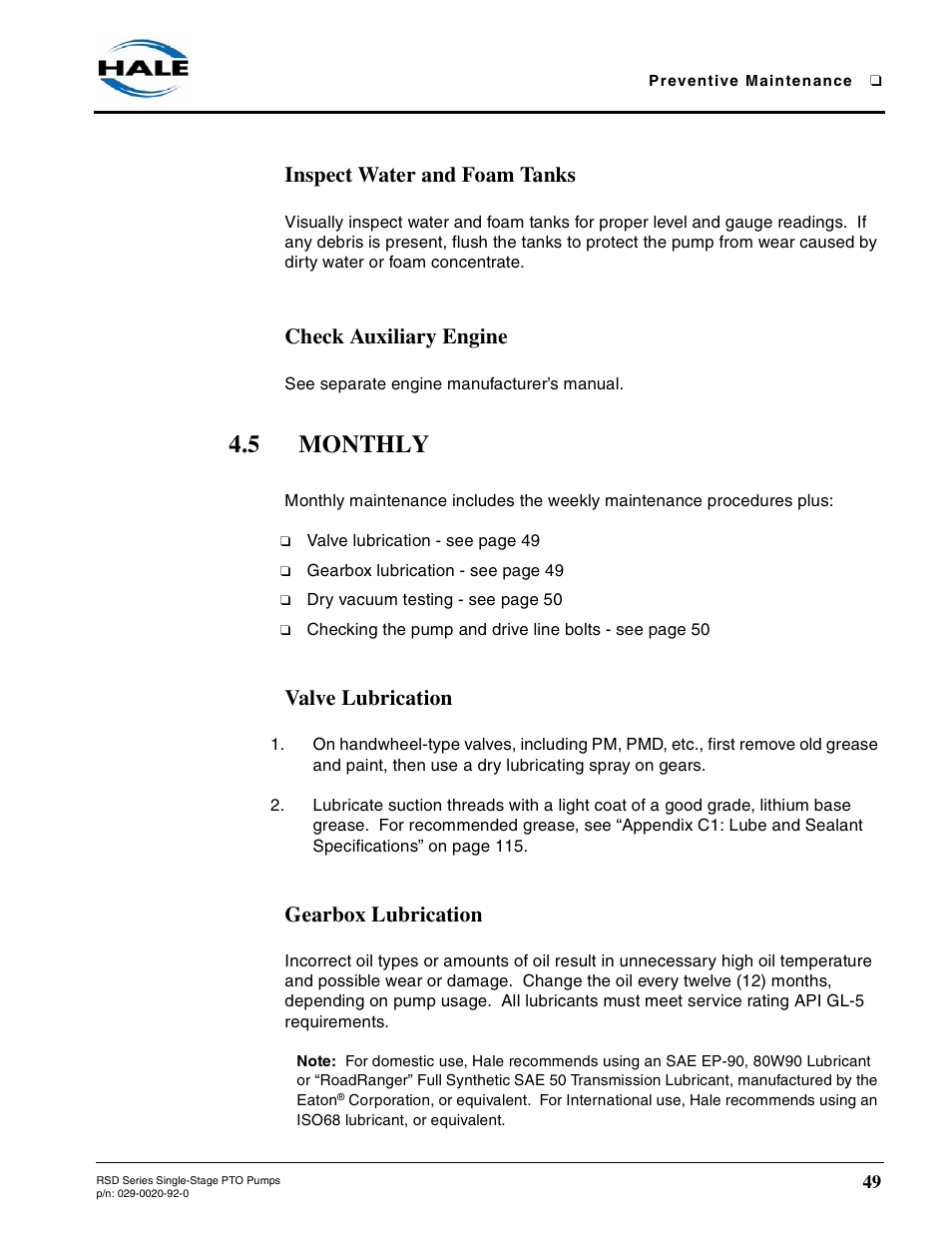 Inspect water and foam tanks, Check auxiliary engine, 5 monthly | Valve lubrication, Gearbox lubrication, Monthly | Hale RSD User Manual | Page 49 / 150