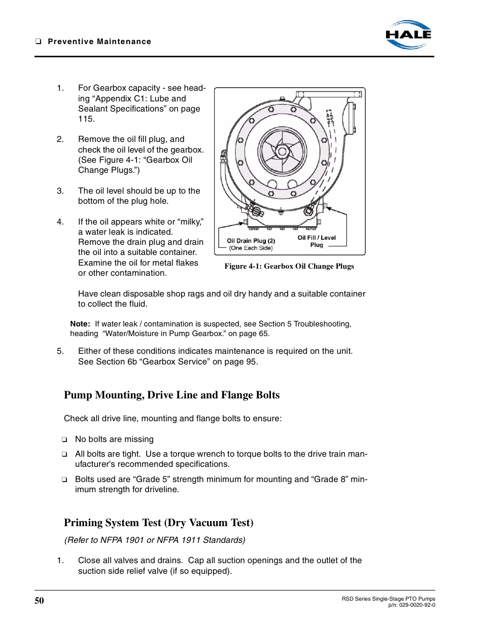 Figure 4-1: gearbox oil change plugs, Pump mounting, drive line and flange bolts, Priming system test (dry vacuum test) | Hale RSD User Manual | Page 50 / 150