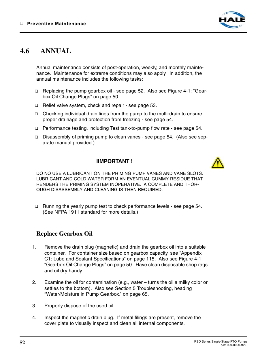 6 annual, Replace gearbox oil, Annual | Hale RSD User Manual | Page 52 / 150