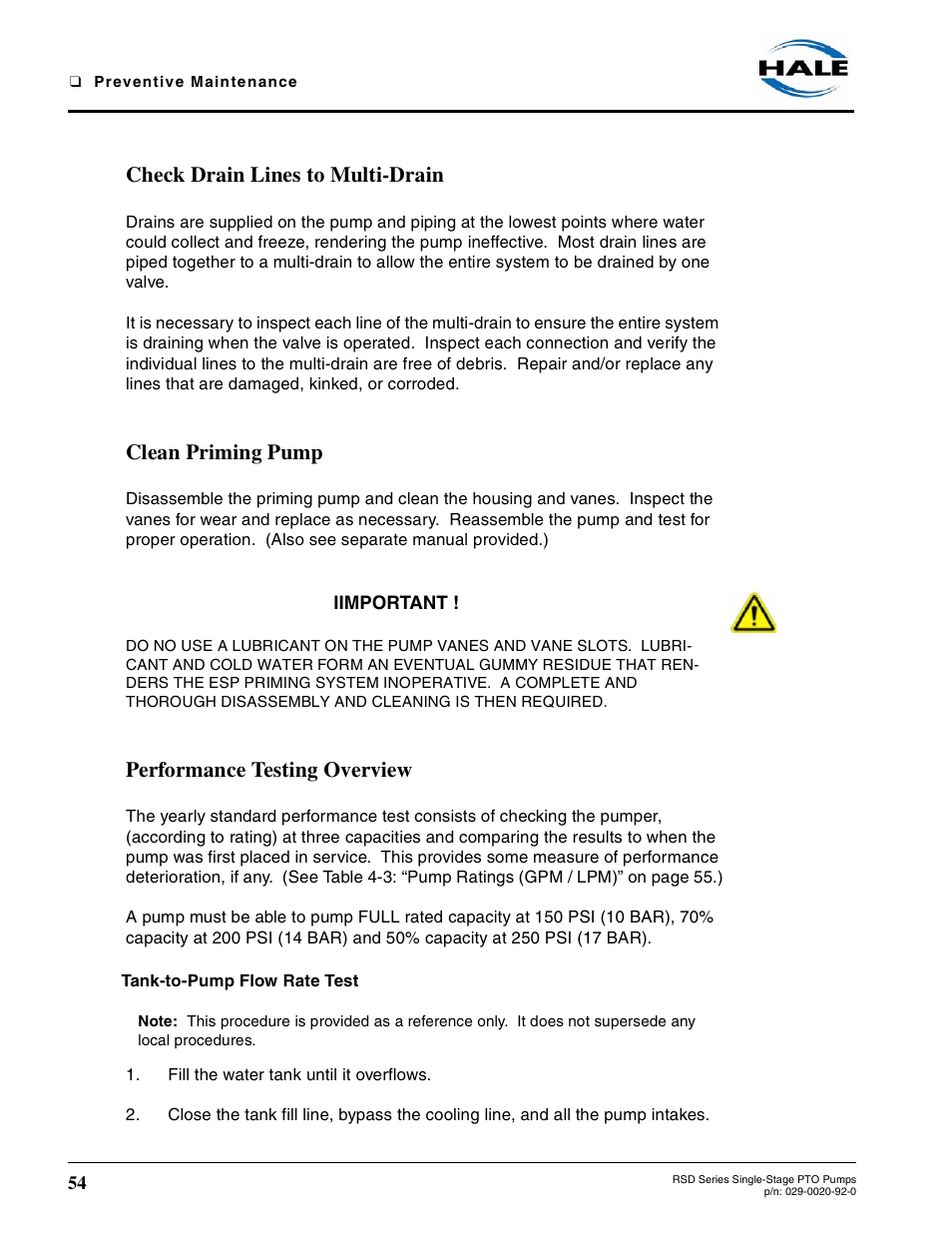 Check drain lines to multi-drain, Clean priming pump, Performance testing overview | Tank-to-pump flow rate test | Hale RSD User Manual | Page 54 / 150