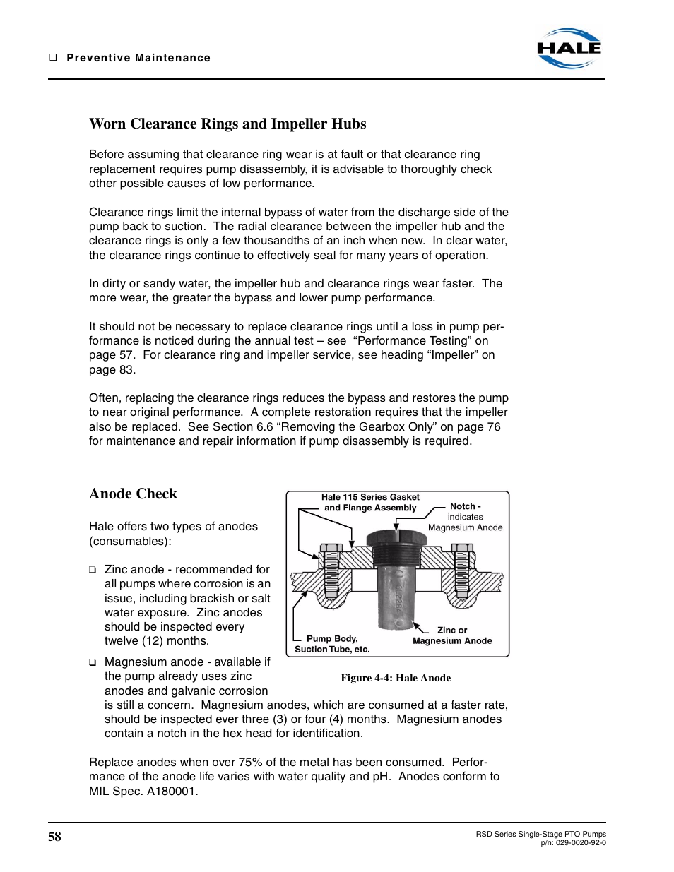 Worn clearance rings and impeller hubs, Anode check, Figure 4-4: hale anode | Hale RSD User Manual | Page 58 / 150